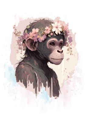 Watercolor Flower Monkey