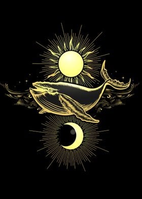 Golden Whale Flying in Sky