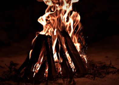 Campfire flames sparks