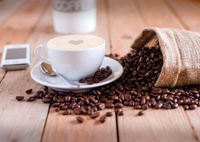 Latte and coffee beans