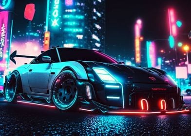 Neon Car Silver Racing