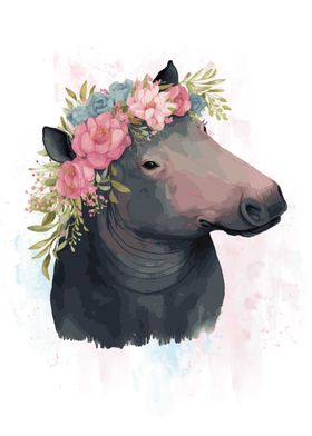 Floral Watercolor Tapir