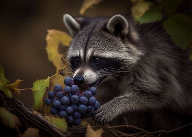 Racoon eats grapes