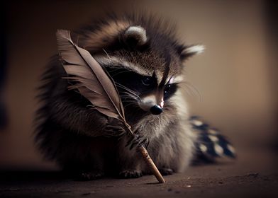 racoon plays with feather