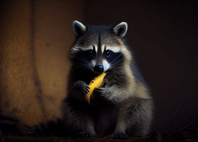 Raccoon eats banana