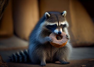 Raccoon eats donut