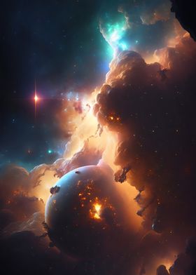 Nebula and planet in space