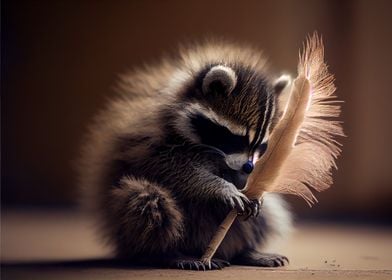 Raccoon with a feather