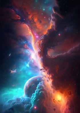 Nebula and planet in space