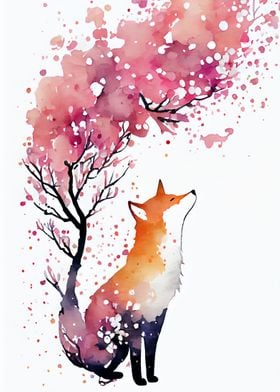 Red fox with Sakura Tree