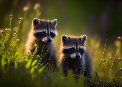 Raccoon babies on meadow