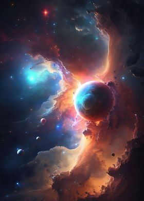 Nebula and planet in space