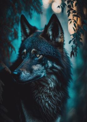 Wolf looks out forest