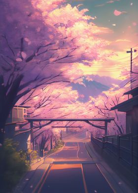 Sakura trees over a road