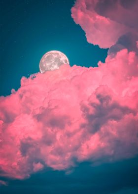 Dreamy moon on pink clouds