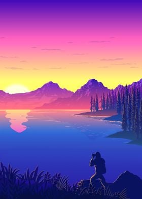 Retro Mountain Sunset