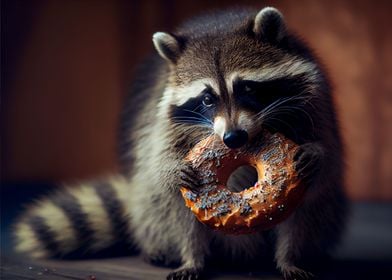 Raccoon eats donut