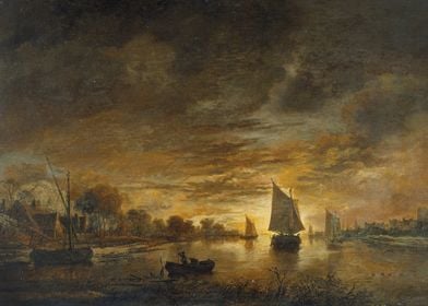 River Landscape with Ships