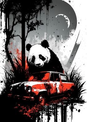 Panda Behind A Rusted Car