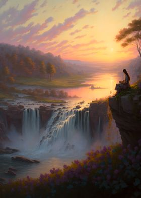 Waterfall Sunset Landscape