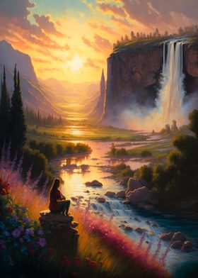 Waterfall Sunset Landscape