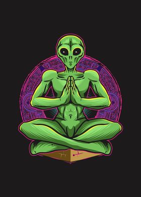 Greem alien doing yoga