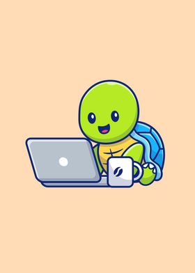 Cute Turtle Playing Laptop