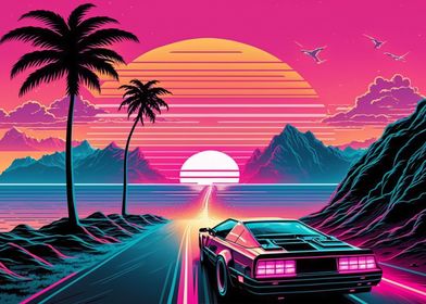 'Retrowave Car Sunset' Poster by Cybronauts | Displate