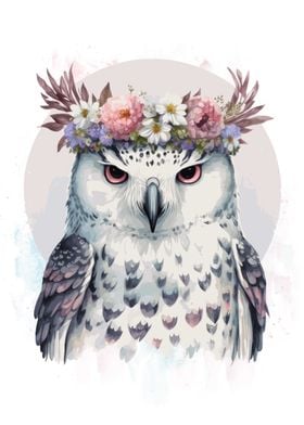 Floral Watercolor Snow Owl