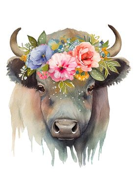 Watercolor Cute Buffalo