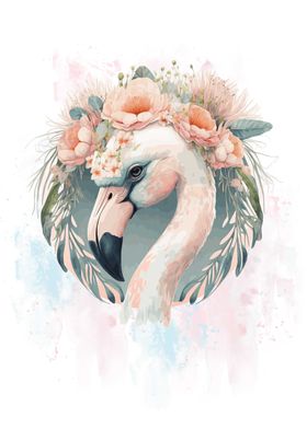 Floral White Flamingo Art