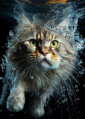 Frightened cat under water