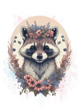 Floral Watercolor Raccoon