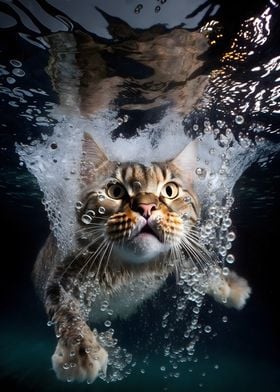 Frightened cat under water