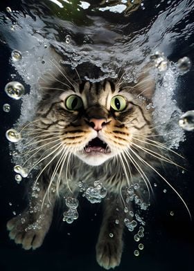 Frightened cat under water