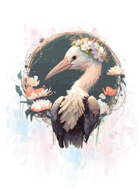 Floral Watercolor Stork