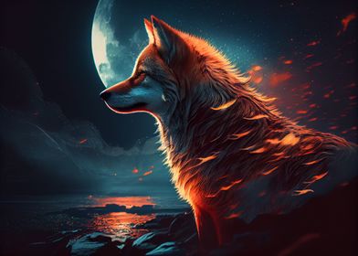 Colorful wolf and moon