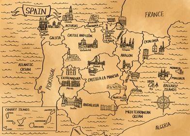 Brown Vintage Map of Spain