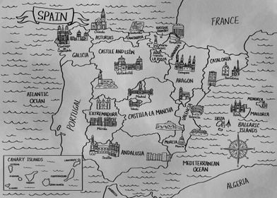 Gray Vintage Map of Spain