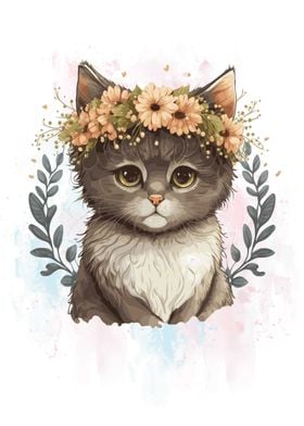 Floral Watercolor Baby Cat