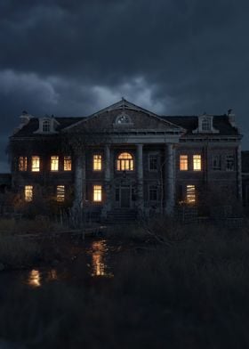 Manor with lit windows