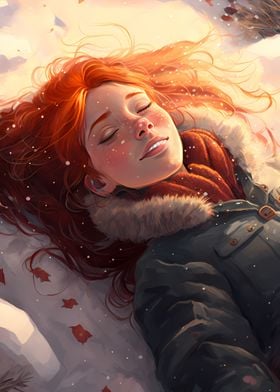 red hair girl on snow