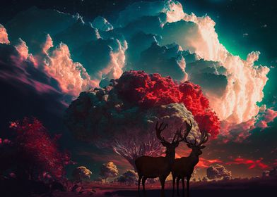 deer and iridescent clouds