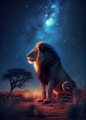 Lion under the Milky Way