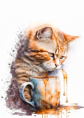 Watercolour coffee cat