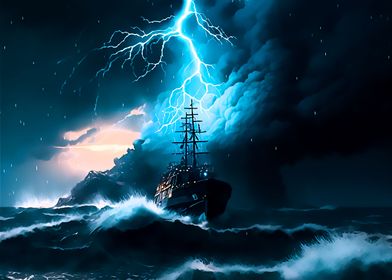 Ship in Storm Ocean