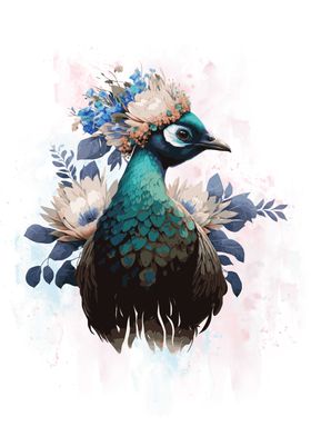 Floral Watercolor Peafowl