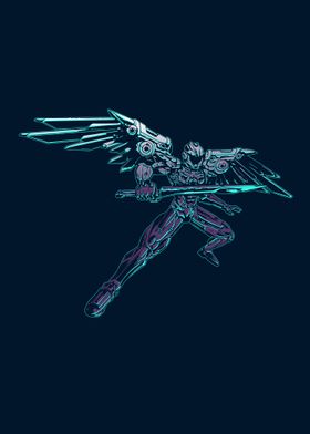 Winged robot with a sword