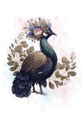 Floral Watercolor Peafowl