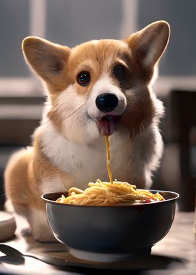 Corgi Dog Eating Ramen